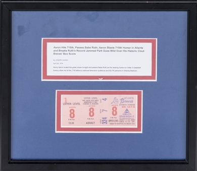Hank Aarons 715th Career Home Run Atlanta Stadium Full Ticket In 8 x 10 Framed Display